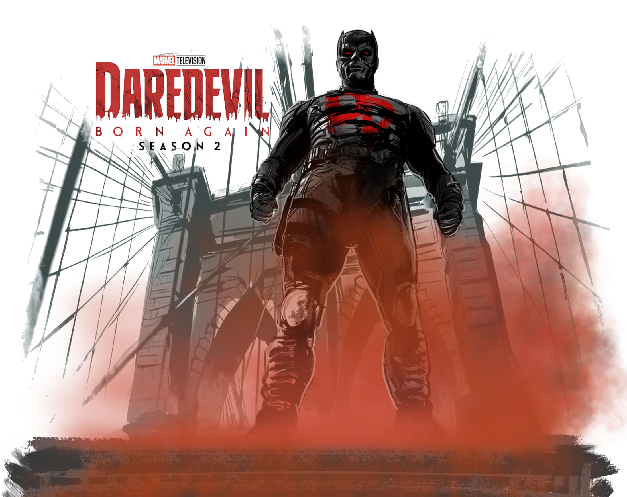 Daredevil: Born Again Season 2 — Daredevil above a distressed bridge surrounded by red smoke