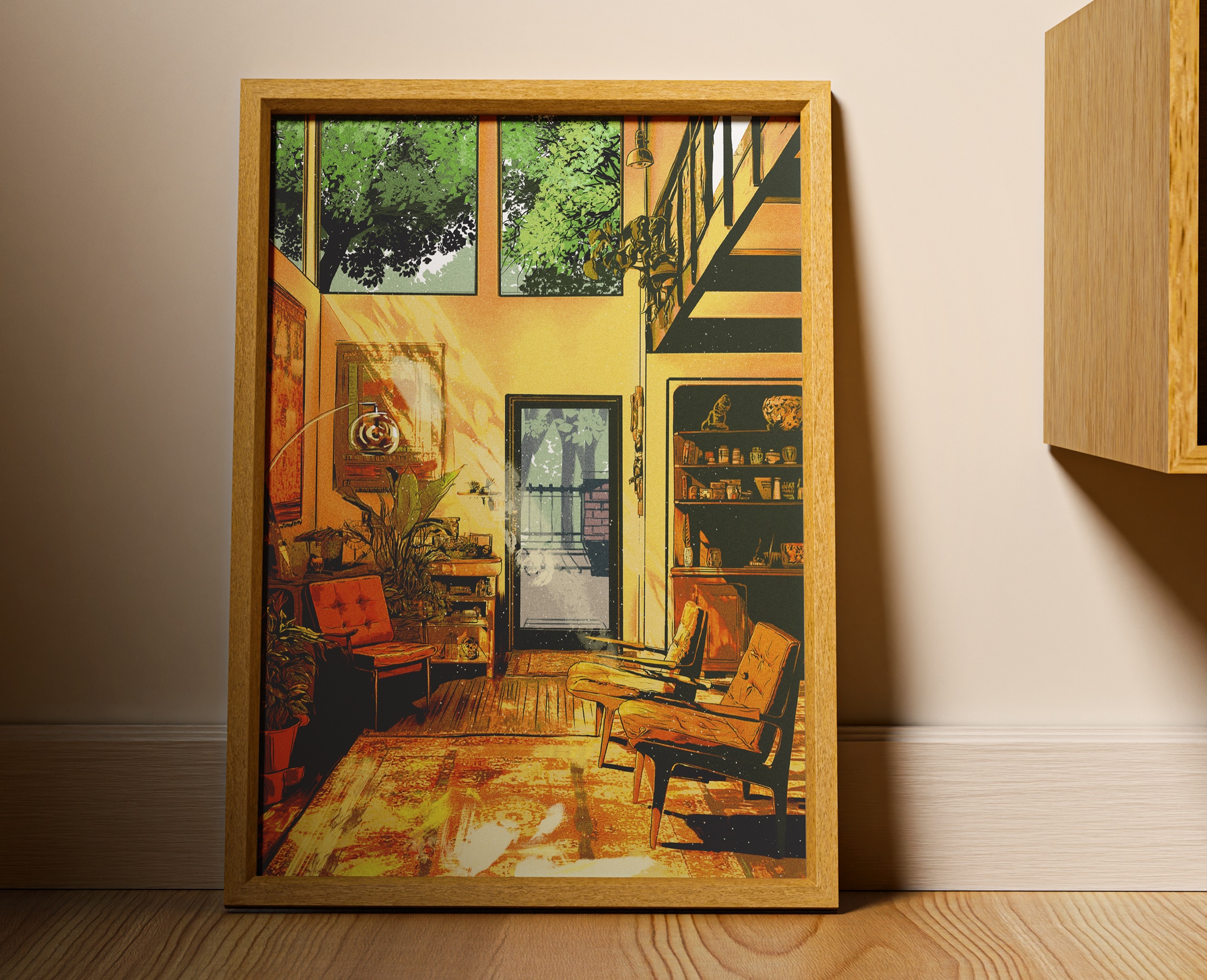 Midcentury entry illustration displayed in a wooden frame